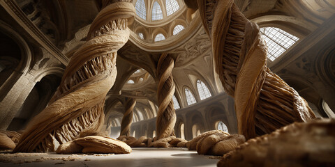 Obraz premium Calm space with woven bread columns. Quiet haven illuminated by soft sunlight and bread textures