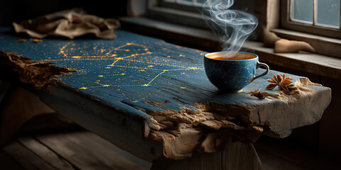 Obraz premium Tranquil scene featuring steaming blue mug amid falling leaves and starlit window glow