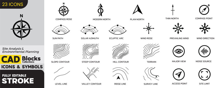 23 Site Analysis and Environmental Planning CAD Blocks Icons Set, Architectural Mapping and Topography Vector Graphics, Compass Rose and Contour Line Symbols on Transparent Background