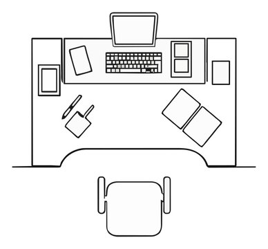 Executive office desk top-down line art icon. Generative AI