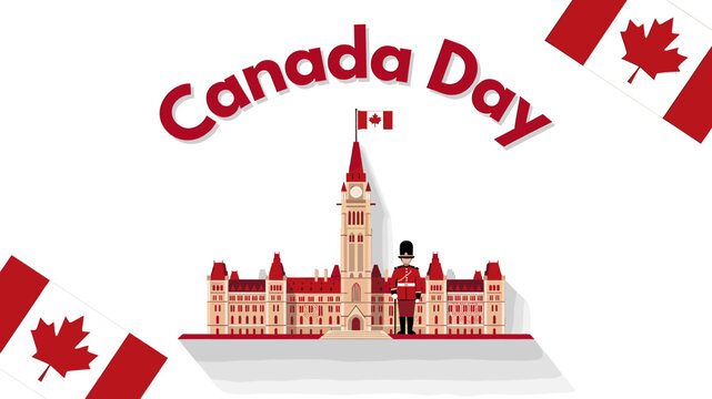 A vibrant illustration celebrating Canada Day with the Parliament Hill building, a Mountie, and Canadian flags on a white background.