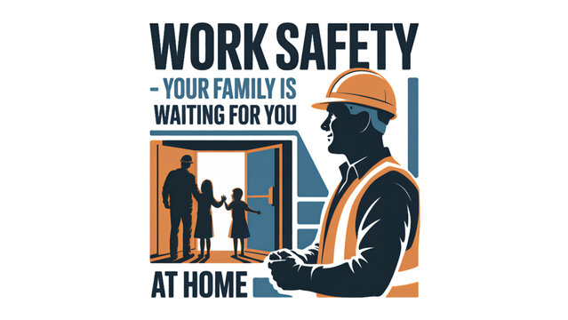 Workplace safety sign with construction worker wearing hard hat and vest holding caution sign warning about slips trips and falls hazards