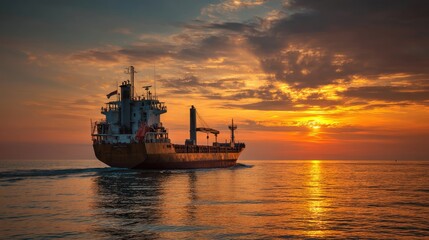 Obraz premium Majestic cargo ship sailing at sunset, illuminating the calm waters with vibrant colors, creating a breathtaking maritime scene in the evening sky
