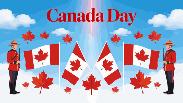 A vibrant illustration celebrating Canada Day with Canadian flags, RCMP officers, and red maple leaves under a blue sky.