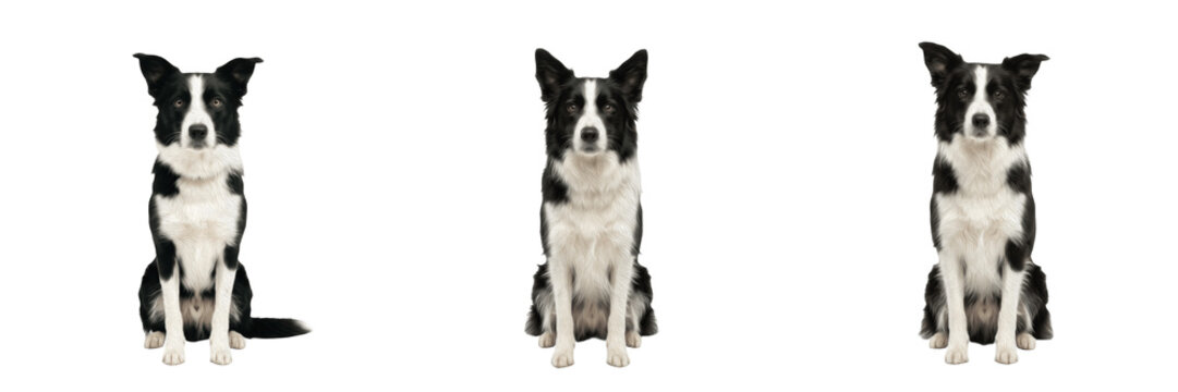 Border Collie Dog Sitting Front View PNG, Intelligent Pet, Black and White Canine on Transparent Background.