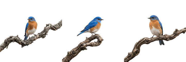 Fototapeta premium Beautiful Bluebird Perched on Wood Branch PNG, Songbird, Nature Wildlife Animal on Transparent Background.