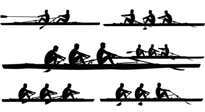 Rowing Crew Silhouettes: Single Scull, Double Scull, Quad Scull, Four, Eight