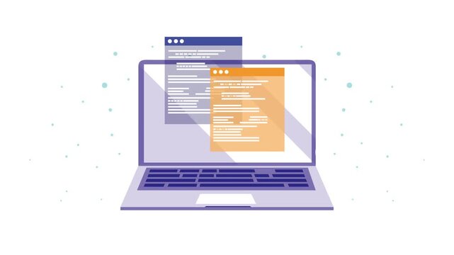 A motion graphic video displaying a laptop with two program windows opening, one blue and one orange, showing code as they appear on the screen.