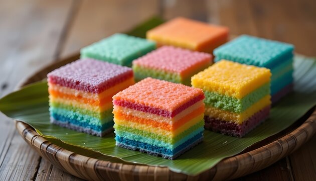 Traditional Indonesian rainbow lapis cake with colorful layered texture arranged in neat vibrant slices.