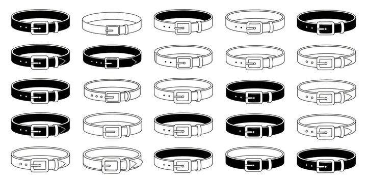 A technical illustration of various belts with buckles in black and white