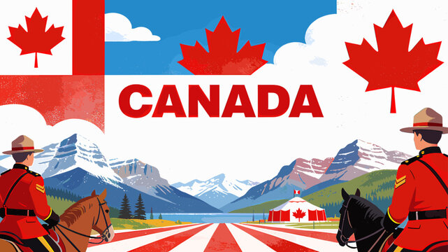Vibrant illustration of Canadian landscape with RCMP officers on horseback, featuring maple leaves and the word 'CANADA' against mountains and a lake.