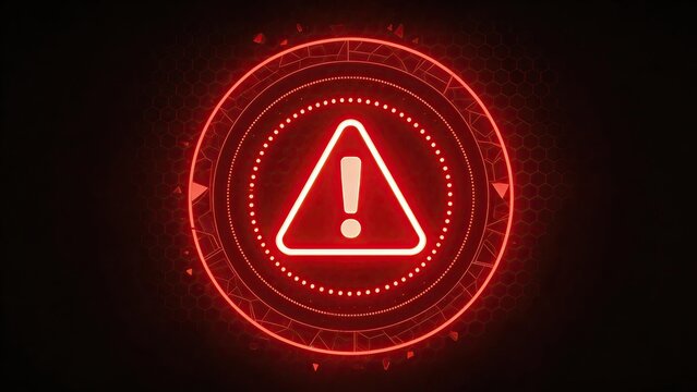 Futuristic red warning alert icon with glowing exclamation mark digital cybersecurity threat symbol holographic interface element danger notification sign abstract technology