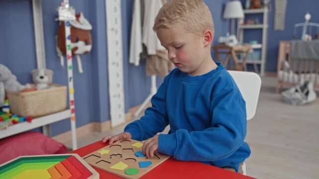 Boy placing wooden puzzle shapes with hand on red table in nursery room near basket and shelf; learning concentration.