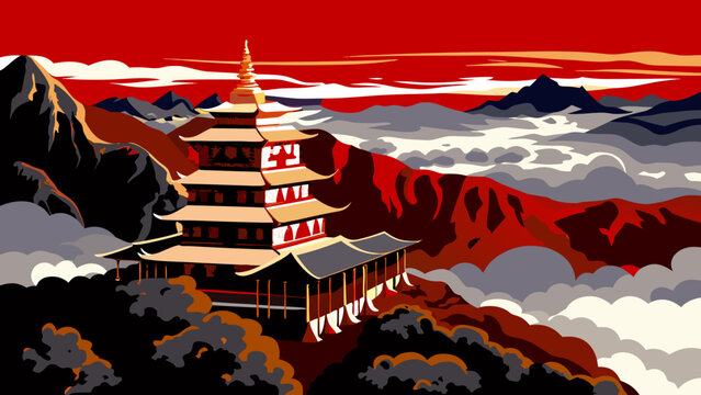 A floating monastery on a cloud, delicate blue-wash mountains in the background.
