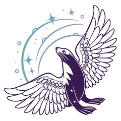 Fototapeta premium Mythical winged seal with stars and crescent moon.