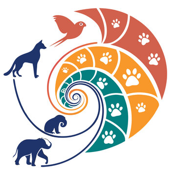 Animals in fibonacci spiral with paw prints.