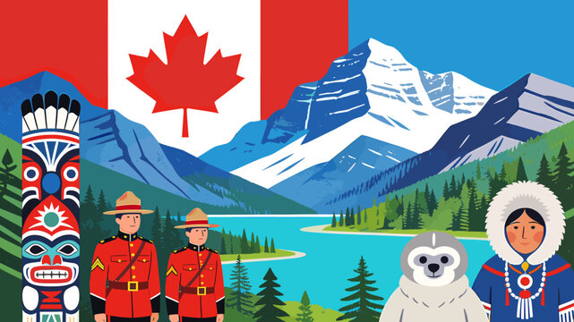 Vibrant illustration showcasing iconic Canadian symbols including the national flag, majestic mountains, a serene lake, totem pole, Mounties, and Indigenous people.