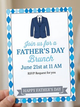 Father's Day invitation for a special brunch event, featuring a stylish suit illustration and event details with a decorative argyle border.