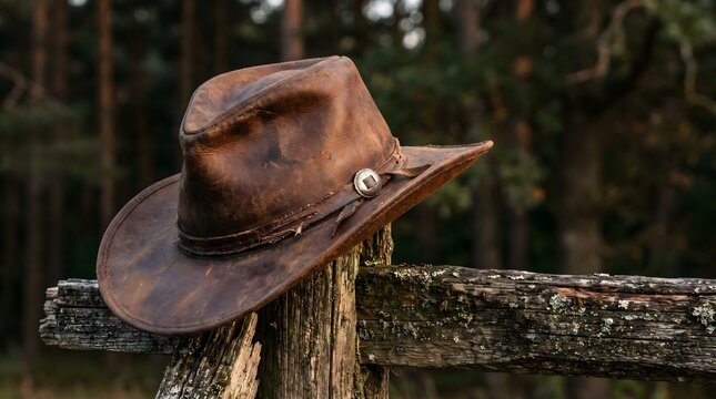 Rustic Brown Leather Cowboy Hat Resting on a Weathered Wooden Fence Post
