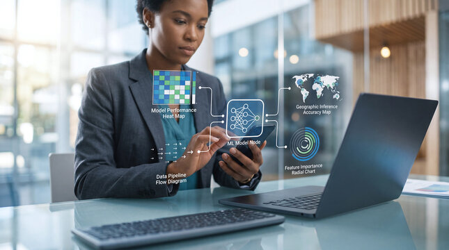 Machine learning model analytics concept with businesswoman smartphone and dashboard interface