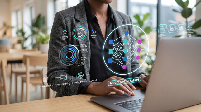 Machine learning model optimization concept with businesswoman laptop and neural network dashboard