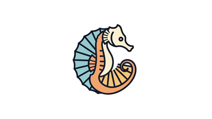 Stylized seahorse with orange body, tan head, blue fins, and curled tail © gudangPIXEL