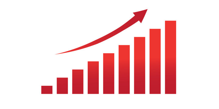 Graph showing rising and falling signs with red arrows (vector). Bar graph symbol with an arrow moving upwards.