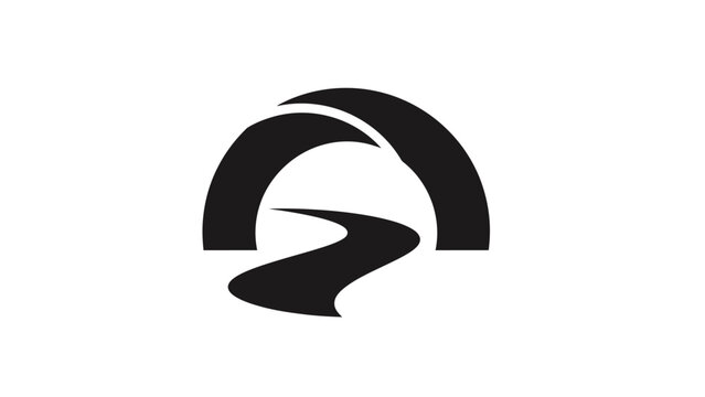 Abstract black and white logo of a winding path under a curved structure