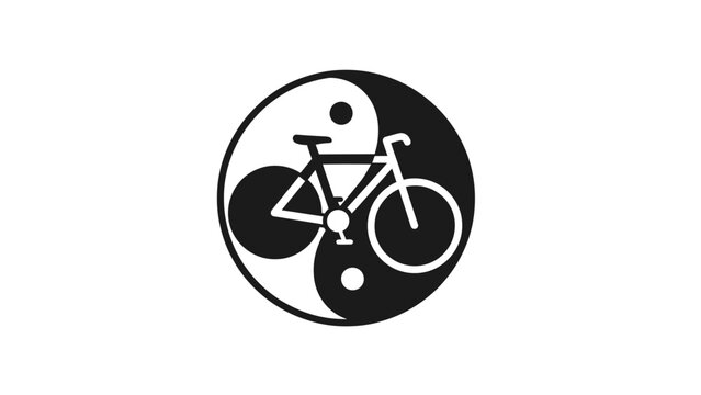 A bicycle silhouette is superimposed on a yin-yang symbol