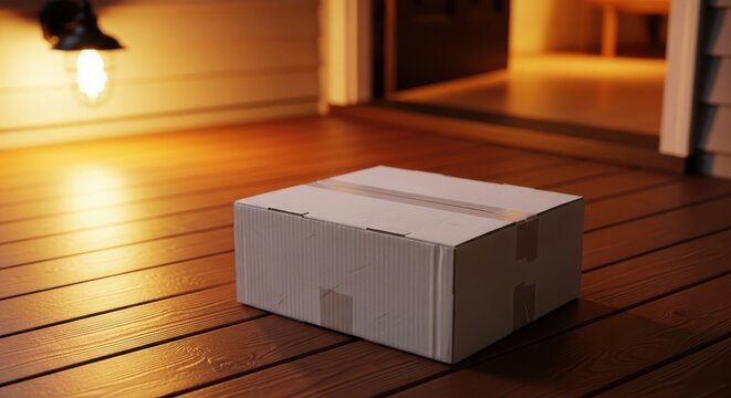 Light-colored shipping carton placed on wooden floor by the entrance, awaiting pickup.