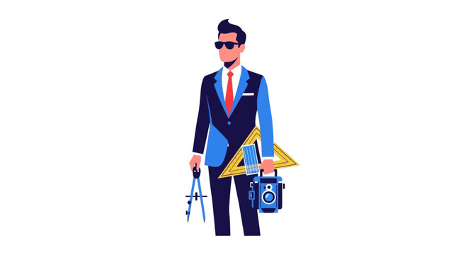 Flat Vector Illustration of a Multidisciplinary Creative Professional Holding Architectural Tools and a Camera