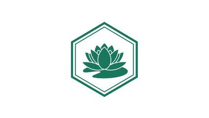 A minimalist green lotus and lily pad design within a hexagonal frame © gudangPIXEL