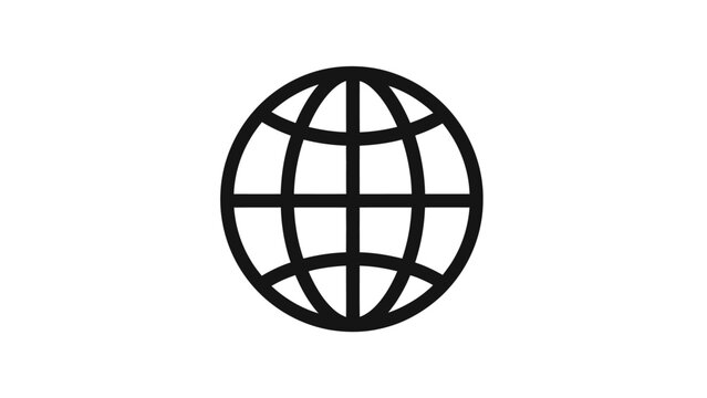 A simple black globe icon with latitude and longitude lines on a white background