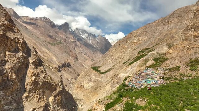 Mountain highway and river confluence at Khab Sangam drone shot
Khab Sangam Bridge surrounded by rugged Himalayan terrain aerial landscape
Beautiful drone view of Spiti Sutlej confluence near Khab bri