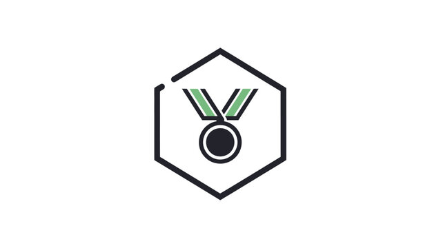 A stylized black hexagon encloses a medal with green ribbon on a white background