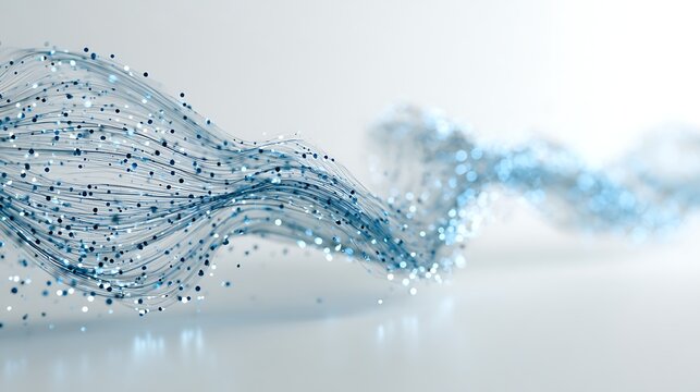 minimal abstract data wave, thin flowing lines, small glowing blue particles,