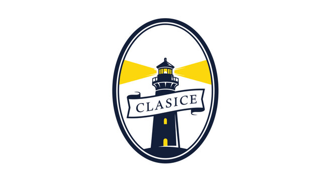 Lighthouse logo with oval frame and banner, navigation beacon, maritime symbol