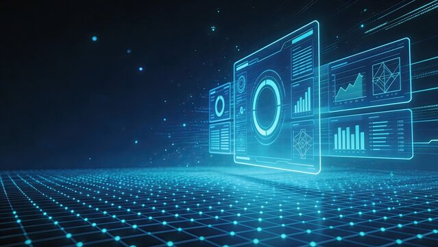 Futuristic holographic data interface digital dashboard with charts graphs analytics virtual screen blue technology background grid floor business intelligence science 3D rendering