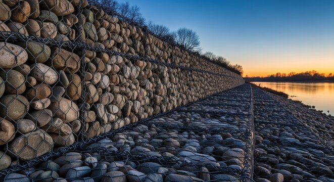 Interlocking modular gabion wall filled with stones at twilight