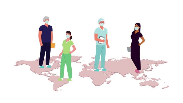 Medical staff wearing face masks standing on world map showing global healthcare effort to combat virus motion footage.
