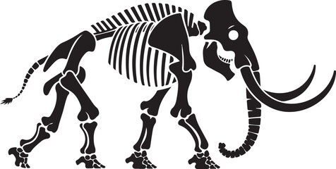 Large black and white silhouette illustration of a prehistoric mammoth skeleton with long curved tusks for museum and educational designs. © md siam ali 