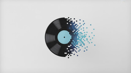 Vinyl record half dissolving into digital blue pixelated particles on white background.