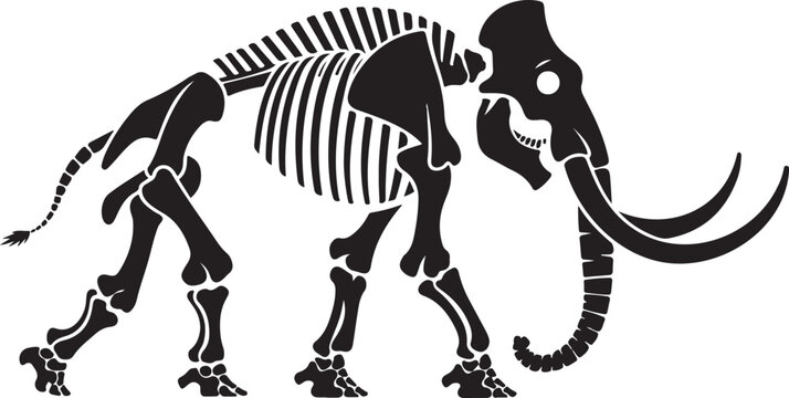 Large black and white silhouette illustration of a prehistoric mammoth skeleton with long curved tusks for museum and educational designs.