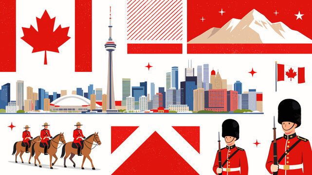 Vibrant collage showcasing iconic Canadian symbols including the Maple Leaf flag, CN Tower, Mounties, and Royal Guards against a cityscape and mountain backdrop.