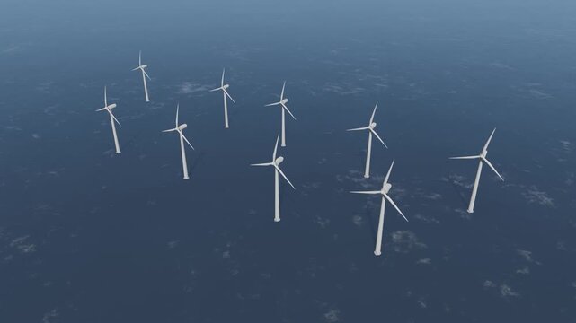 Offshore Wind Turbines Generate Clean Energy On A Sunny Day Over A Calm Blue Ocean Sea