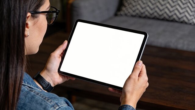 Woman holding blank tablet computer with white screen mockup wearing glasses and smart watch modern digital lifestyle concept for app interface design technology usage at home