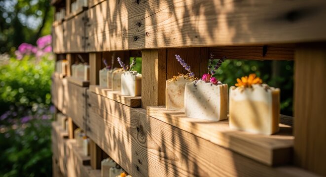 Artisanal handmade natural soaps with botanical elements displayed on a rustic wooden pallet shelf in sunlight