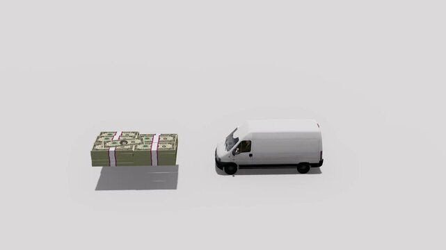White Cargo Van Parked Beside Stacked Money Bundles With Pink Wrappers on White Background