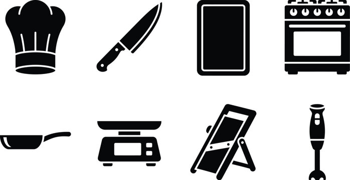 Cooking tools and kitchen equipment solid black glyph icon set