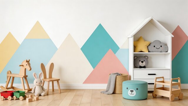 Modern nursery room with geometric mountain wall mural pastel colors wooden toys teddy bear plush house shelf rabbit doll rocking horse cart basket ottoman interior design kids